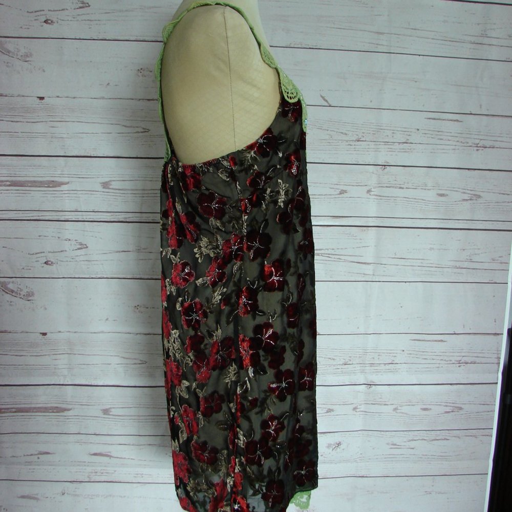 Floral Velvet Burn Out Burgundy Green Lace Dress L - Picture 7 of 16